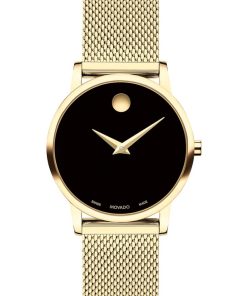 Movado Classic Black Dial Yellow Gold PVD Stainless Steel Mesh Bracelet Watch, 28mm