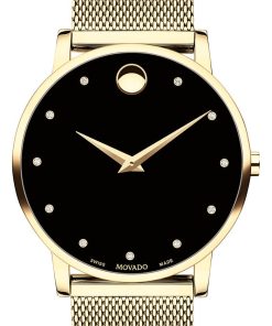 Movado Museum Classic Black Diamond Dial Yellow Gold PVD Stainless Steel Mesh Watch, 40mm