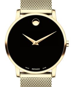 Movado Museum Classic Black Dial Yellow Gold Stainless Steel Mesh Watch, 40mm