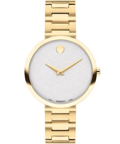 Movado Museum Classic White Sparkle Dial Yellow Gold-Tone PVD Link Bracelet Watch, 32mm