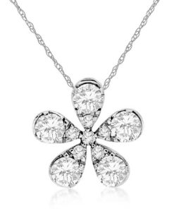 Royal Jewelry 14K White Gold Floral Diamond Pendant Necklace
