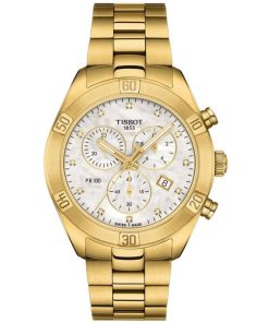 Tissot PR 100 Sport Chic Chronograph White MOP Dial w/ Diamonds Yellow Gold Bracelet Watch, 38mm