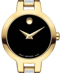 Movado Amorosa Black Dial Yellow Gold-Tone PVD Double-Bar w/ Diamond Bangle Watch, 24mm