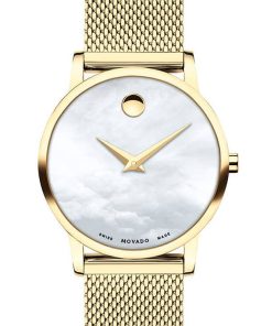Movado Museum Classic White MOP Dial Yellow Gold-Tone PVD Mesh Bracelet Watch, 28mm