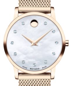 Movado Museum Classic White MOP w/ Diamonds Dial Rose Gold-Tone PVD Mesh Bracelet Watch, 28mm