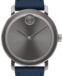 Movado BOLD Evolution Grey Sunray Navy Blue Leather Strap Watch, 40mm