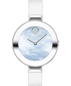 Movado BOLD Blue Sunray MOP Dial Silver Bangle Watch, 28mm