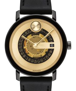 Movado BOLD Evolution Yellow Gold-Tone Metallic Dial Black Leather Strap Watch, 40mm