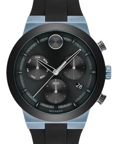 Movado BOLD Fusion Chronograph Black w/ Ice Blue Accents Dial & Silicone Strap Watch, 44.5mm