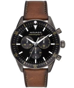 Movado Heritage Series Chronograph Black Dial Cognac Leather Strap Watch, 42mm