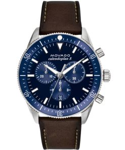 Movado Heritage Series Chronograph Navy Dial Chocolate Leather Strap Watch, 43mm