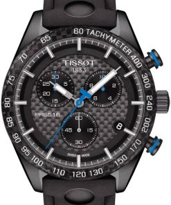 Tissot PRS 516 Quartz Chronograph Black Carbon Dial Rubber Strap Watch, 42mm