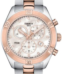 Tissot PR 100 Sport Chic Chronograph White MOP Dial w/ Diamonds Two-Tone Carnation Gold Bracelet Watch, 38mm