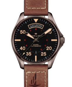 Hamilton Khaki Aviation Day Date Auto Black Dial Brown Leather Strap Watch, 42mm