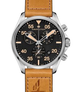 Hamilton Khaki Aviation Pilot Chrono Quartz Black Dial Brown Leather Watch, 44mm