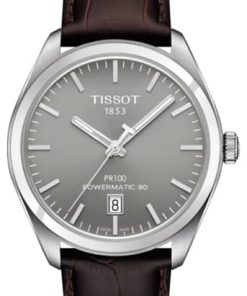 Tissot PR 100 Powermatic 80 Rhodium Dial Brown Leather Strap Watch, 39mm