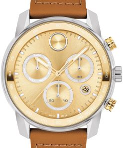 Movado BOLD Verso Gold-Toned Metallic Dial Camel Leather Strap Watch, 44mm