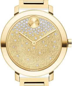 Movado BOLD Evolution Frosted Yellow Gold-Tone w/ Crystals Dial & Link Bracelet Watch, 34mm