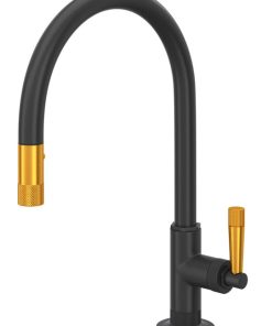 Rohl Graceline Matte Black Pulldown Kitchen Faucet With Gold Lever Handle