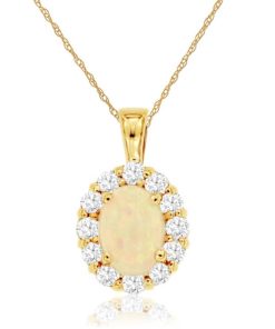 Royal Jewelry 14K Yellow Gold Opal & Diamond Pendant