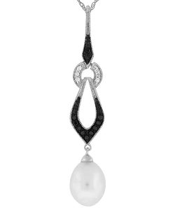 Royal Jewelry 14K White Gold Diamond/Blk Diamond & Pearl Pendant