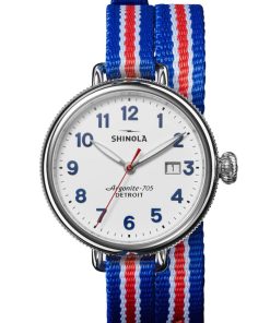 Shinola The Birdy Quartz Red/White/Blue Strap Watch, White Matte Velvet Dial, 38mm