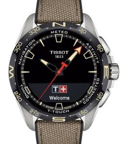 Tissot T-Touch Connect Solar Black Dial Beige Leather/Textile Strap Watch, 47.5mm