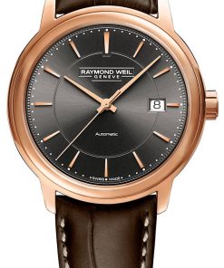 Raymond Weil Maestro Automatic Date Grey Dial Brown Leather Strap Watch, 39.5mm