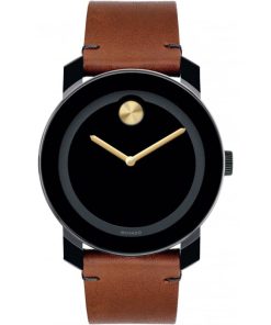 Movado BOLD TR90 Black w/ Gold-Tone Accents Dial Cognac Colorado Bull Leather Strap Watch, 42mm