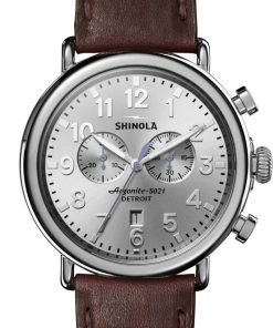 Shinola The Runwell Chrono Silver Sunray Dial Brown Leather Watch, 47mm