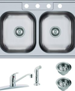 Elkay Dayton Double Bowl 33 In. x 22 In. x 7-1/16 In. Deep Stainless Steel Kitchen Sink and Faucet Kit, Top Mount