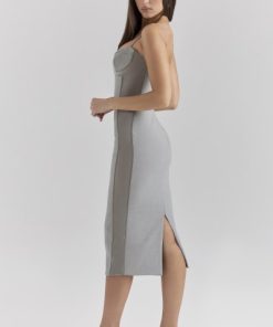 Kiki Light Grey Mesh Panelled Bodycon Midi Dress
