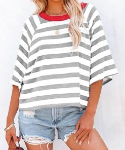 Women's Drop Shoulder Short Sleeve Striped Casual T-Shirts (Buy 3 Free Shipping)