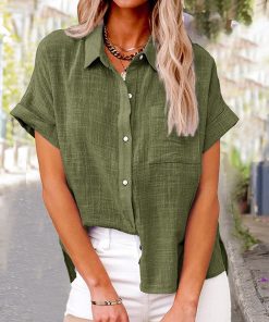 Women's Solid Color Pocket Short Sleeve Cotton Linen Shirt