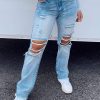High Waist Frayed Hem Ripped Jeans