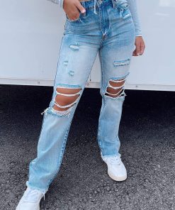 High Waist Frayed Hem Ripped Jeans
