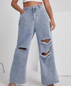 Plus High Waist Ripped Wide Leg Jeans