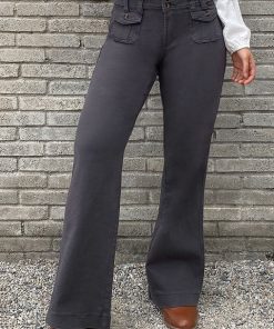 Solid Button Detail Flap Pocket Straight Leg Pants