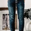 Button Up Roll Hem Straight Leg Jeans