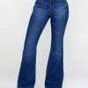 Ladies Flared High Waist Denim Button Stretch Trousers