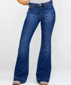 Ladies Flared High Waist Denim Button Stretch Trousers