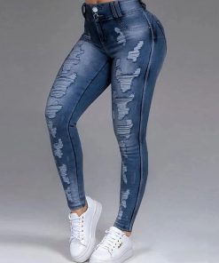 Double-button Ripped Skinny Stretch Jeans