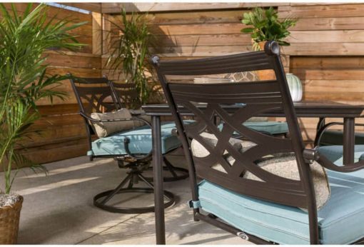Hanover Montclair 7-Piece Dining Set In Ocean Blue With 6 Swivel Rockers And A 40" x 67" Dining Table - Image 11