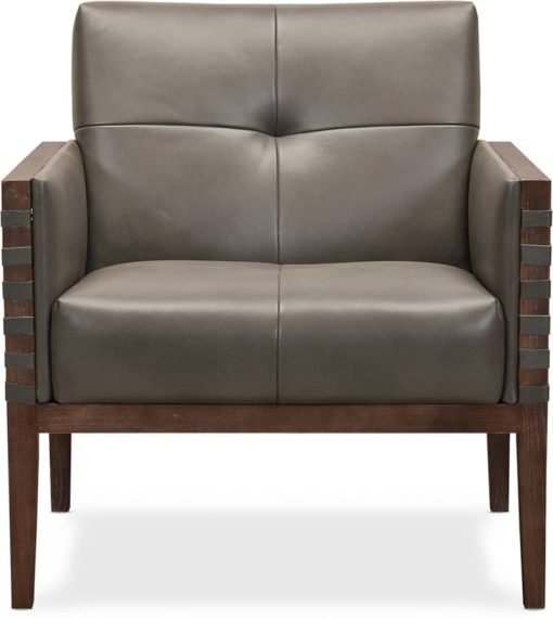 Hooker Furniture Living Room Carverdale Grey Leather Club Chair With Wood Frame - Image 4