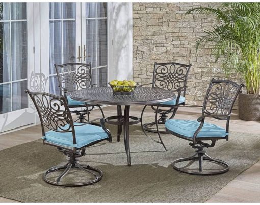 Hanover Traditions 5-Piece Outdoor Dining Set In Blue/Bronze With 4 Swivel Rockers, 48" Cast-Top Table - Image 2