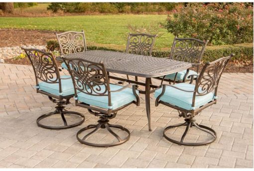 Hanover Traditions 7-Piece Outdoor Dining Set In Blue With 72" x 38" Cast-Top Table - Image 7