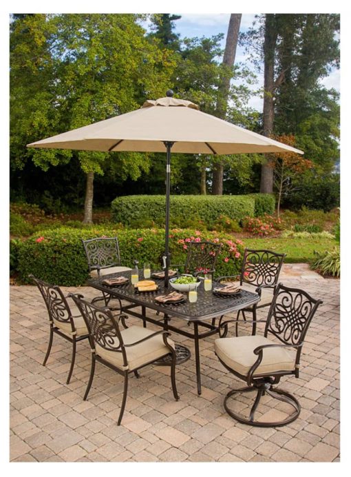 Hanover Traditions 7-Piece Outdoor Dining Patio Set with Umbrella In Natural Oat - Image 7