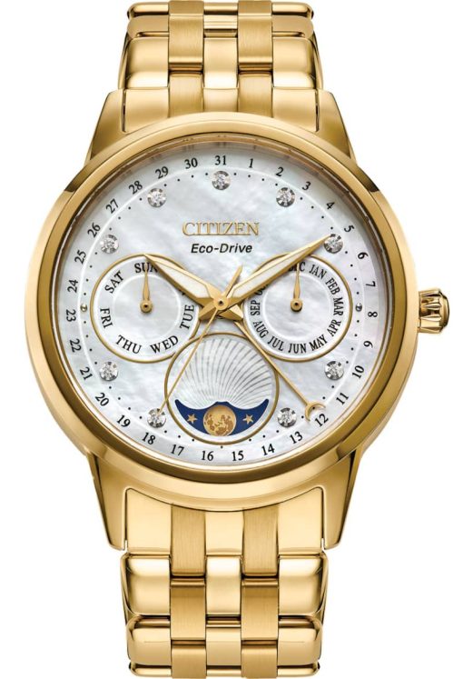 Citizen Eco-Drive Calendrier White MOP Dial Gold-Tone Stainless Steel Bracelet Watch, 37mm