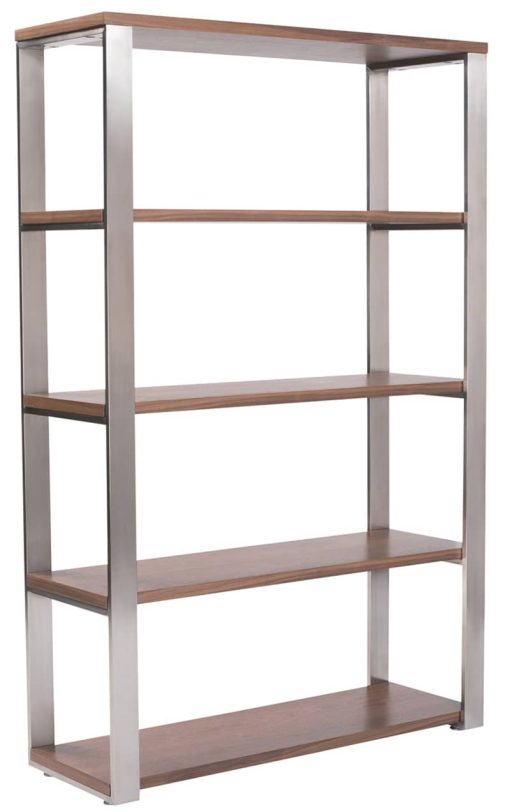 Euro Style Dillon 40" Shelving Unit In American Walnut Veneer w/ Brushed Stainless Steel Frame