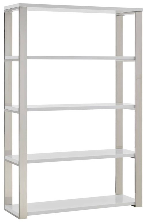 Euro Style Dillon 40" Shelving Unit In High Gloss White w/ Polished Stainless Steel Frame
